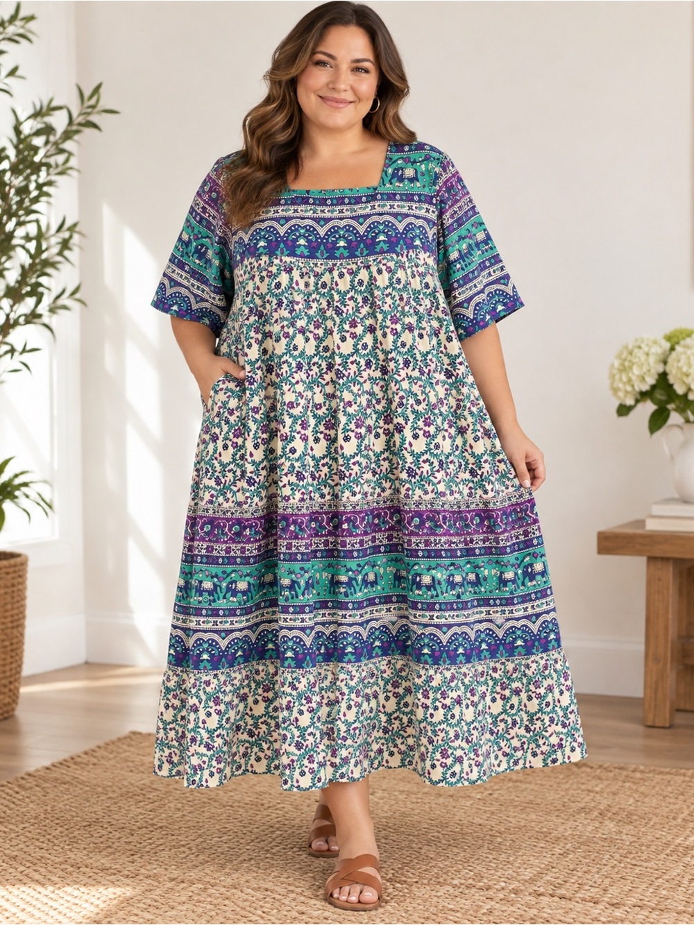 The Vermont Country Store Block Print Cotton Muumuu Dress 2X Boho Elephant India